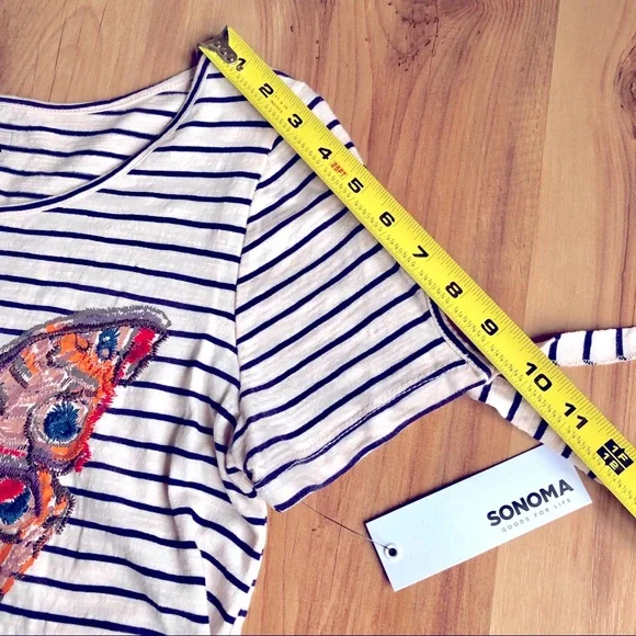 NEW SONOMA Butterfly Embroidery Tee Shirt Striped Petite XS Off White Women’s - Picture 10 of 16